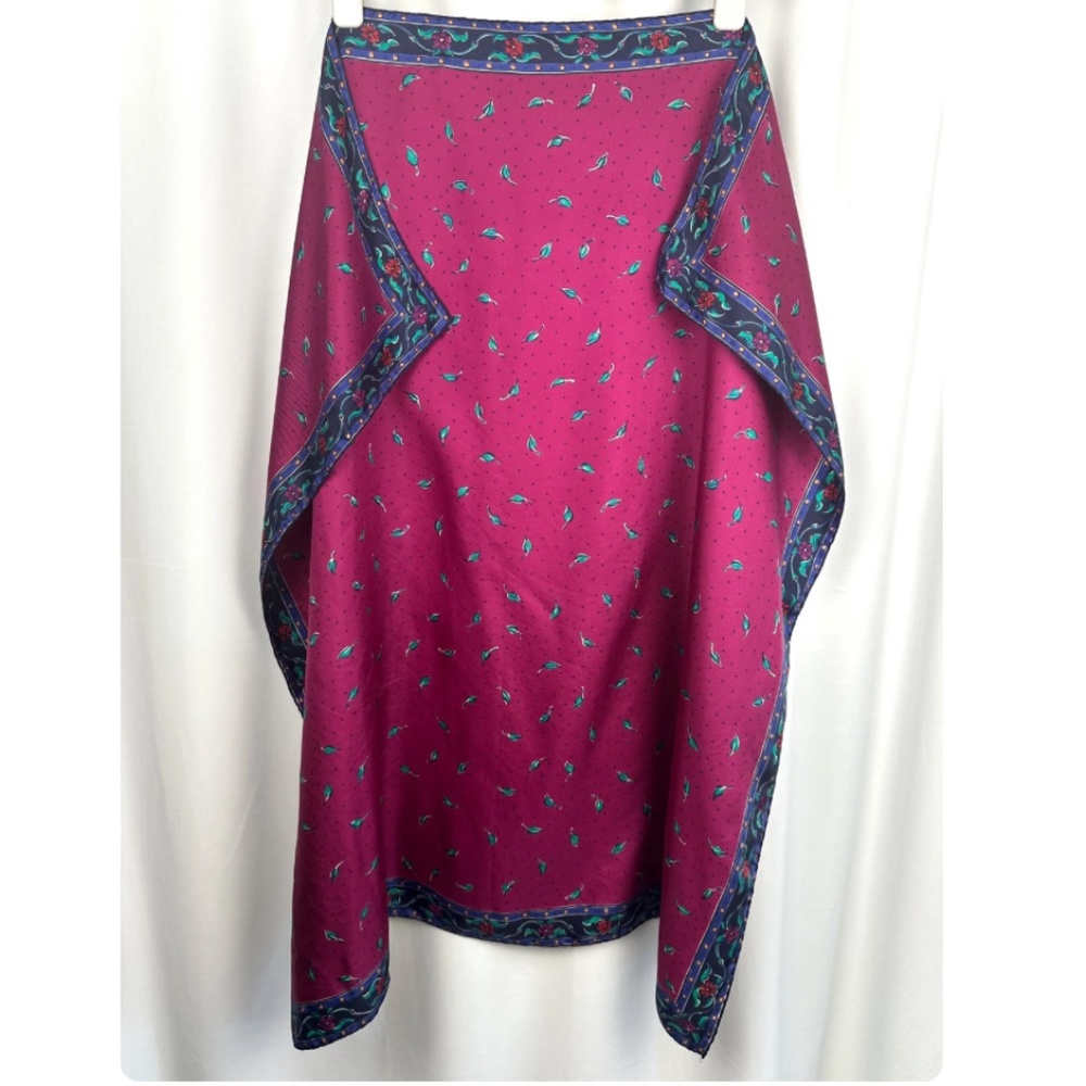 Vintage Leaf Floral Print Large Square Scarf in Pink and Blue • Rolled Hem •